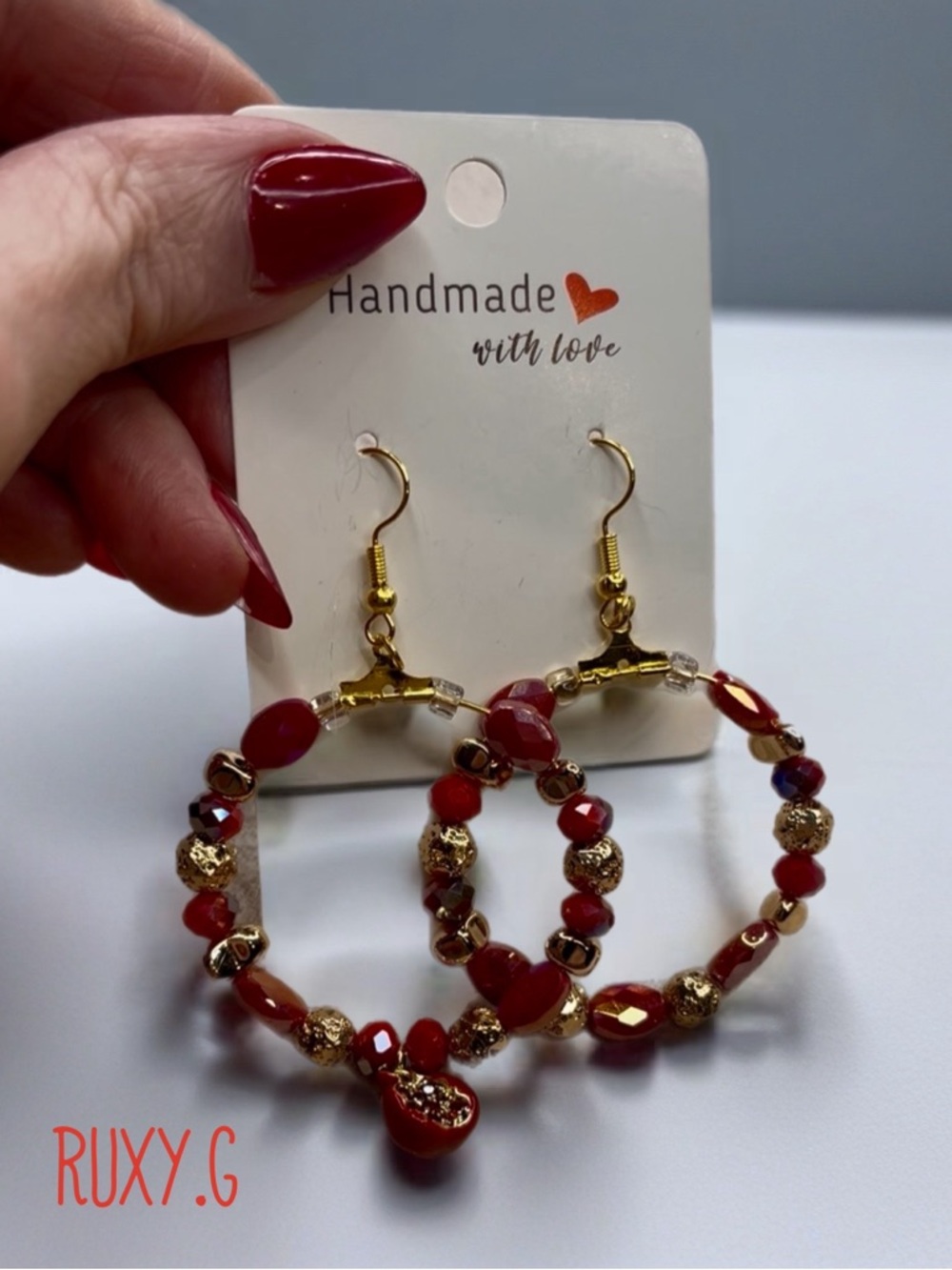 Red Beaded Hoop Earrings - Women's Jewelry w/ pomegranate charm - Picture 6 of 6